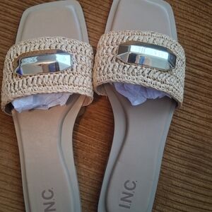 INC International Concepts Beige Woven Slide Sandals with Gold Accent
